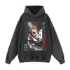 Moletom com capuz retrô desgastado inspirado em anime, preto lavado, corte oversized, estilo pullover, moletom de gola redonda