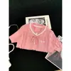 Cárdigan de punto blanco con lazo de perlas, cuello redondo, manga corta para mujer, corte ajustado, top versátil, talla única, rosa