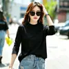 Camiseta de manga larga de algodón puro, ajustada y a la moda, estilo coreano, para mujer, base negra, top de cuello semi-alto, elegante y versátil