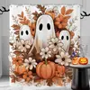 Cortina de chuveiro para banheiro, design de fantasma preto e branco com tema de Halloween, material de poliéster espesso, impressão digital