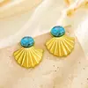 Pendientes de Verano Ins Estilo Retro Francés Lujo Accesible Nicho Acero de Titanio Turquesa Incrustado Asimétricos en Forma de Abanico Pendientes Exquisitos
