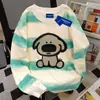 Camiseta Feminina Outono Algodão Puro Tie-Dye com Estampa de Filhote Fofo Americano Preguiçoso, Gola Redonda, Manga Longa, Marca Ins Tendência Estilosa