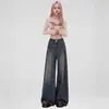 Jeans Rectos de Pierna Ancha Gris Cemento Retro Americano de Moda 2025 para Mujeres Petites, Pantalones Sueltos de Cintura Alta