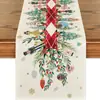Caminho de mesa de linho estampado de Natal transfronteiriço, decoração de atmosfera festiva, toalha de mesa com estampa de árvore de Natal e boneco de neve atacado