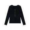 Camisa Básica Henley para Mulheres em Tencel Lyocell e Lã de Ovelha, Manga Longa para Outono e Inverno com Botões de Madrepérola e Listras de Acetato