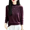 Suéter de punto grueso con cuello alto y adornos de pedrería para mujer, un top de punto lujoso y delicado en color liso con mangas largas, una capa base elegante y con estilo