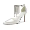 Sapatos Femininos Brancos de Salto Alto Lançamento 2025 Salto Fino Bico Fino Corrente com Strass Sapatos de Casamento com Vestido Sapatos de Casamento para Vestido