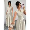 Amazon 2026 Verano Nuevo Estilo Cuello Camisero Diseño Ceñido a la Cintura Color Sólido Texturizado Vestido Largo de Corte A