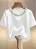 2026 Sitio Independiente Deseo Amazon Primavera/Verano Estilo Francés Perla Cuello Redondo Satín Camisa Camiseta Manga Corta