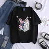 Camiseta de Algodón Color Caramelo Nueva de Verano Estampado de Logo Attack on Titan Patrón Versátil Fresca Cuello Redondo Top