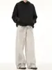 Jeans Branco Lavado Vintage Retrô Americano com Efeito Desgastado e Tingimento em Lama Design de Nicho Feminino Calças Retas Versáteis