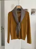Cardigan de tricô liso com decote V e mangas compridas KEKEZOON suéter feminino estilo coreano casaco de outono com lenço de seda xadrez 8539