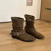 Botas Apiladas con Hebilla Retro Estilo Coreano para Mujer 2026 Otoño/Invierno Nuevas de Gamuza Tacón Grueso Botas de Caballero Plisadas Botas de Motocicleta para Mujer