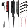 Amazon Juego de Peines para Peluquería Cepillo para Cejas Cepillo para Línea del Cabello Peine de Dos Tonos para Resaltar Peine de Plástico de Tres Filas Punta de Aguja de Acero Peine de Cola