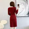 Vestido de té vintage estilo francés para otoño e invierno, vestido de punto de manga larga con mangas de farol, adecuado para llevar con un suéter, vestidito rojo para citas