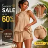 Vestido de verano para mujer con cuello halter, espalda descubierta y amarre, con shorts de seguridad incorporados, falda corta de gasa, vestido de línea A estilo vacacional