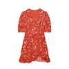 Atacado de moda verão novo estilo europeu e americano, vestido elegante feminino com estampa francesa, gola V, manga curta para o dia a dia