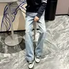Jeans rotos para hombre con estampado de rayo, estilo fino de otoño, vibra de alta calle americana, pantalones largos rectos holgados lavados con pierna curva