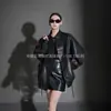 Jaqueta de Couro Genuíno Nova Retro da Moda para Primavera Cedo, Pele de Ovelha Importada, Caimento Solto, Casaco de Couro Clássico com Gola Alta