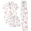 Conjunto de Pijama Casual de Tres Piezas para Mujer Transfronterizo, Dibujos Animados Lindos de Manga Corta, Pantalones Largos y Shorts, Conjunto de Doble Uso para el Hogar y el Exterior