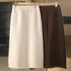 Saia de outono e inverno 100% lã com estampa, cós elástico e franja, estilo emagrecedor, simples e suave, saia longa de tricô para mulheres