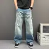 Calça cargo jeans masculina de marca americana retrô moderna, lavagem pesada desgastada, multi-bolsos, perna larga solta, comprimento até o chão