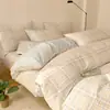 Juego de ropa de cama de cuatro piezas de algodón puro, algodón 100% lavado, ropa de cama a cuadros simple para dormitorio de estudiante, juego de tres piezas de sábana y funda de edredón 4