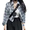 Camisa corta a cuadros retro chic coreana con cuello de solapa, ropa de protección solar