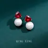Moda Entrada Lujo Corindón Rojo Triángulo Gordo Arete Elegante Retro Perla Orquídea Cristal Esmeralda Nano Bombilla Pendientes
