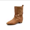 Botas de bico redondo com fivela, botas de equitação, botas de cano médio, modernas e versáteis, estilo western retrô 2026, com detalhes plissados e palmilhas ocultas para aumentar a altura