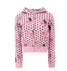 Conjunto de Dos Piezas Estilo Americano Dulce y Fresco con Estampado Integral de Lunares Florales, Sudadera Corta con Capucha y Cremallera con Bordes Acanalados y Falda Mini Ajustada al Cuerpo