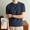 Camiseta de punto de manga corta para hombre, mezcla de lana, 300g, color liso base, antibacteriana, estilo 'old money' de verano, camiseta de cuello redondo para hombre