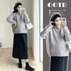 Roupa de maternidade para outono e inverno, suéter de tricô novo estilo, solto e doce, top de maternidade, saia de bolinhas, conjunto doce e que emagrece