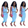 D9120 Amazon ebay Quente Europeu e Americano Feminino Casual Cor Sólida Sem Mangas Decote V Conjunto de Vestido
