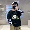 Camada de Base Infantil Masculina Estampa de Desenho Animado Algodão Puro Fina Camiseta Estilo Coreano Listrada Elegante Gola Redonda Manga Longa