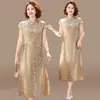 Vestidos de verão elegantes e estilosos para mães, novo modelo 2026, roupas para mulheres de meia-idade e idosas, novos vestidos longos de verão estilo chinês de manga curta