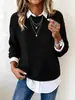 Estilo Casual Europeo y Americano Top para Mujer Suéter Negro de Punto con Cuello de Camisa Blanco Patchwork Falso Dos Piezas Top en Capas