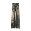 Kb27 High Street Estilo Americano Masculino e Feminino High-End Estampado Design de Padrão de Corrente Jeans Casual Reto Largo Masculino