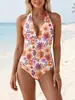 Biquíni Sexy de Peça Única Halter com Design Franzido, Cor Sólida Justo Decote V, Roupa de Banho de Peça Única Sexy Hot-Selling Europeu e Americano 2027 Amazon
