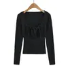 Camiseta cuadrada vintage de manga larga con pliegues estilo francés para mujer, ligera y transpirable, entallada a la cintura, corte slim, top básico puro y seductor