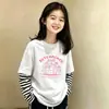 Camiseta de manga larga de algodón puro con retazos a rayas para niñas, versátil, para primavera y otoño, para niños mayores, estilo coreano, corte holgado, efecto dos piezas, moderna