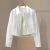 Chaqueta de Trabajo Camisa Azul Aguamarina Claro para Mujer, Camisa Protectora Solar de Manga Larga para Primavera y Otoño Petite, Top Corto Chic de Principios de Otoño