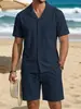 Conjunto de Camisa Casual de Algodón y Lino de Manga Larga con Botones y Shorts de Playa para Vacaciones de Verano para Hombre Estilo Americano Transfronterizo