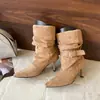 Botines de Tacón Alto Aguja Puntiagudos de Estilo Coreano Populares Nuevos Otoño/Invierno 2026 para Mujer con Hebilla de Cinturón Efecto Adelgazante