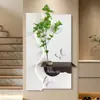 Pintura Decorativa de Entrada Estilo Creme Textura de Arenito Plantas Verdes Hidropônicas Pintura Suspensa Borboleta 3D Murais Luminosos para Corredor