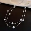 Elegante Colar em Camadas de Pérolas com Contas de Vidro para Mulheres, Corrente de Suéter de Designer de Nicho, Colar de Luxo Leve de Alta Qualidade