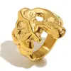 Anillo Mengjia Estilo Francés Retro Transfronterizo Europeo y Americano Joyería Personalizada Acero Inoxidable Chapado en Oro de 18K Patrón Irregular de Meteorito para Mujeres