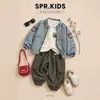 Conjunto de três peças de jaqueta jeans bordada para meninos, camiseta polo de desenho animado para primavera/outono, calça jogger estilo workwear, roupa casual para bebês e crianças pequenas