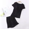 Conjunto de Pijama Corto de Manga Corta para Mujer de Modal con Almohadilla en el Pecho Taza de Cinco Dedos Talla Grande Sin Sujetador Manga Corta Suelta Pantalones Cortos Ropa de Casa