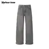 Jeans Gris Bootcut de Algodón Puro Lavado de Alta Gama 14.2oz Retro Sueltos de Pierna Ancha Hasta el Suelo Pantalones Casuales Rectos Modernos